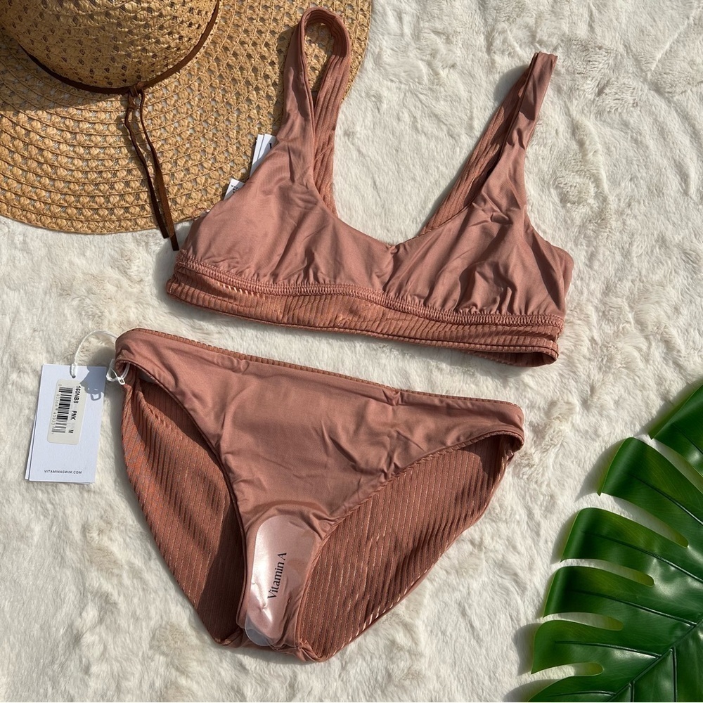 Vitamin A Ribbed Pink Sands Shimmer Bikini NWT M Sienna Scoop Top Midori Bottom - Picture 5 of 8